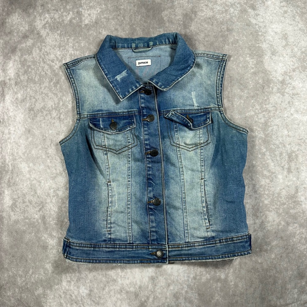 Pimkie Womens XS Blue Distressed Denim Vest Button Up Cowgirl Jean Jacket Rodeo